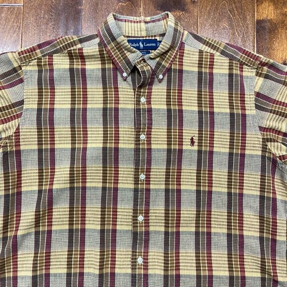 Polo Ralph Lauren Blake Vintage 90s Plaid Tan Maroon Button Front Shirt Large - Picture 2 of 8